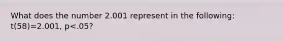 What does the number 2.001 represent in the following: t(58)=2.001, p<.05?