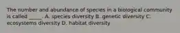 The number and abundance of species in a biological community is called _____. A. species diversity B. genetic diversity C. ecosystems diversity D. habitat diversity