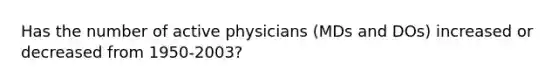 Has the number of active physicians (MDs and DOs) increased or decreased from 1950-2003?