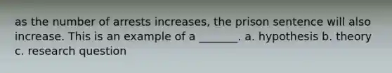 as the number of arrests increases, the prison sentence will also increase. This is an example of a _______. a. hypothesis b. theory c. research question