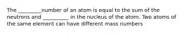 The _________number of an atom is equal to the sum of the neutrons and __________ in the nucleus of the atom. Two atoms of the same element can have different mass numbers