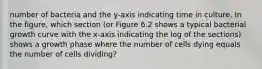 number of bacteria and the y-axis indicating time in culture. In the figure, which section (or Figure 6.2 shows a typical bacterial growth curve with the x-axis indicating the log of the sections) shows a growth phase where the number of cells dying equals the number of cells dividing?