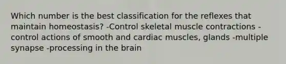 Which number is the best classification for the reflexes that maintain homeostasis? -Control skeletal muscle contractions -control actions of smooth and cardiac muscles, glands -multiple synapse -processing in the brain