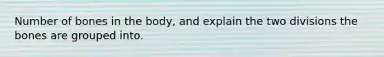 Number of bones in the body, and explain the two divisions the bones are grouped into.