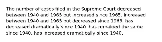 The number of cases filed in the Supreme Court decreased between 1940 and 1965 but increased since 1965. increased between 1940 and 1965 but decreased since 1965. has decreased dramatically since 1940. has remained the same since 1940. has increased dramatically since 1940.