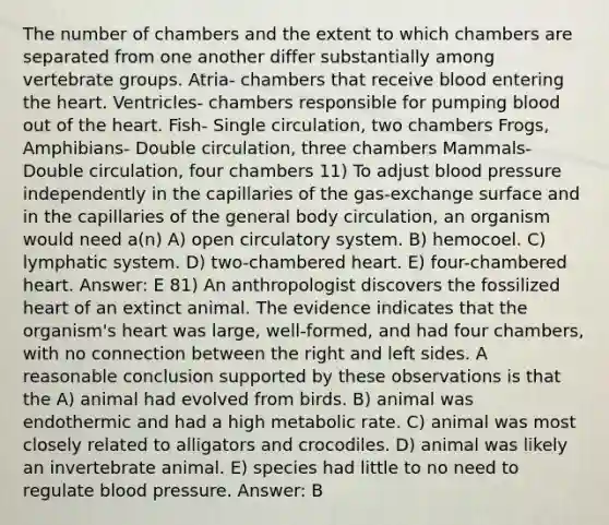 The number of chambers and the extent to which chambers are separated from one another differ substantially among vertebrate groups. Atria- chambers that receive blood entering the heart. Ventricles- chambers responsible for pumping blood out of the heart. Fish- Single circulation, two chambers Frogs, Amphibians- Double circulation, three chambers Mammals- Double circulation, four chambers 11) To adjust blood pressure independently in the capillaries of the gas-exchange surface and in the capillaries of the general body circulation, an organism would need a(n) A) open circulatory system. B) hemocoel. C) lymphatic system. D) two-chambered heart. E) four-chambered heart. Answer: E 81) An anthropologist discovers the fossilized heart of an extinct animal. The evidence indicates that the organism's heart was large, well-formed, and had four chambers, with no connection between the right and left sides. A reasonable conclusion supported by these observations is that the A) animal had evolved from birds. B) animal was endothermic and had a high metabolic rate. C) animal was most closely related to alligators and crocodiles. D) animal was likely an invertebrate animal. E) species had little to no need to regulate blood pressure. Answer: B