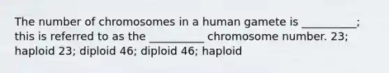 The number of chromosomes in a human gamete is __________; this is referred to as the __________ chromosome number. 23; haploid 23; diploid 46; diploid 46; haploid