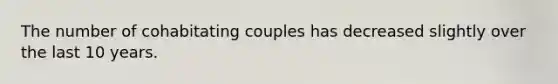 The number of cohabitating couples has decreased slightly over the last 10 years.