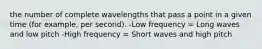 the number of complete wavelengths that pass a point in a given time (for example, per second). -Low frequency = Long waves and low pitch -High frequency = Short waves and high pitch