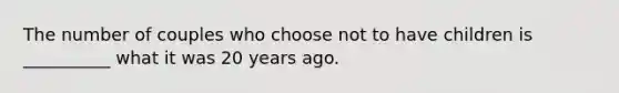 The number of couples who choose not to have children is __________ what it was 20 years ago.