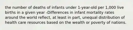 the number of deaths of infants under 1-year-old per 1,000 live births in a given year -Differences in infant mortality rates around the world reflect, at least in part, unequal distribution of health care resources based on the wealth or poverty of nations.