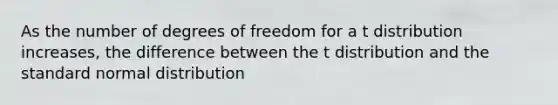 As the number of degrees of freedom for a t distribution increases, the difference between the t distribution and the standard normal distribution