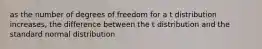 as the number of degrees of freedom for a t distribution increases, the difference between the t distribution and the standard normal distribution