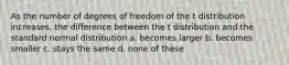 As the number of degrees of freedom of the t distribution increases, the difference between the t distribution and the standard normal distribution a. becomes larger b. becomes smaller c. stays the same d. none of these