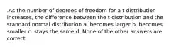 .As the number of degrees of freedom for a t distribution increases, the difference between the t distribution and the standard normal distribution a. becomes larger b. becomes smaller c. stays the same d. None of the other answers are correct