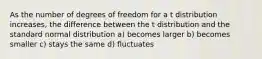 As the number of degrees of freedom for a t distribution increases, the difference between the t distribution and the standard normal distribution a) becomes larger b) becomes smaller c) stays the same d) fluctuates