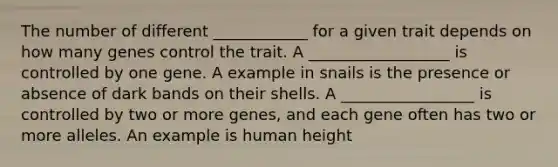 The number of different ____________ for a given trait depends on how many genes control the trait. A __________________ is controlled by one gene. A example in snails is the presence or absence of dark bands on their shells. A _________________ is controlled by two or more genes, and each gene often has two or more alleles. An example is human height