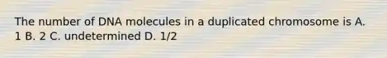 The number of DNA molecules in a duplicated chromosome is A. 1 B. 2 C. undetermined D. 1/2