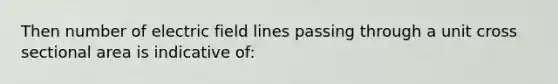 Then number of electric field lines passing through a unit cross sectional area is indicative of: