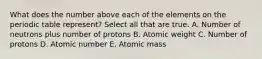 What does the number above each of the elements on the periodic table represent? Select all that are true. A. Number of neutrons plus number of protons B. Atomic weight C. Number of protons D. Atomic number E. Atomic mass