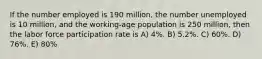 If the number employed is 190 million, the number unemployed is 10 million, and the working-age population is 250 million, then the labor force participation rate is A) 4%. B) 5.2%. C) 60%. D) 76%. E) 80%