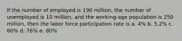 If the number of employed is 190 million, the number of unemployed is 10 million, and the working-age population is 250 million, then the labor force participation rate is a. 4% b. 5.2% c. 60% d. 76% e. 80%