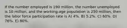 If the number employed is 190 million, the number unemployed is 10 million, and the working-age population is 250 million, then the labor force participation rate is A) 4%. B) 5.2%. C) 60%. D) 76%. E) 80%.