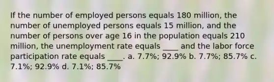 If the number of employed persons equals 180 million, the number of unemployed persons equals 15 million, and the number of persons over age 16 in the population equals 210 million, the unemployment rate equals ____ and the labor force participation rate equals ____. a. ​7.7%; 92.9% b. ​7.7%; 85.7% c. ​7.1%; 92.9% d. ​7.1%; 85.7%