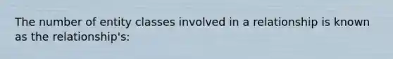 The number of entity classes involved in a relationship is known as the relationship's: