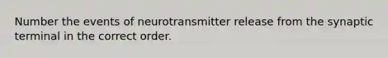 Number the events of neurotransmitter release from the synaptic terminal in the correct order.