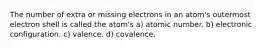 The number of extra or missing electrons in an atom's outermost electron shell is called the atom's a) atomic number. b) electronic configuration. c) valence. d) covalence.