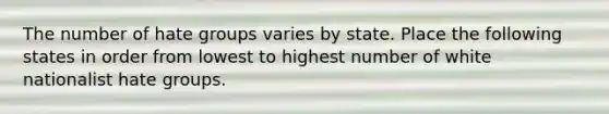 The number of hate groups varies by state. Place the following states in order from lowest to highest number of white nationalist hate groups.