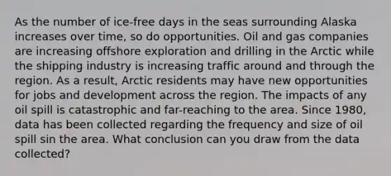 As the number of ice-free days in the seas surrounding Alaska increases over time, so do opportunities. Oil and gas companies are increasing offshore exploration and drilling in the Arctic while the shipping industry is increasing traffic around and through the region. As a result, Arctic residents may have new opportunities for jobs and development across the region. The impacts of any oil spill is catastrophic and far-reaching to the area. Since 1980, data has been collected regarding the frequency and size of oil spill sin the area. What conclusion can you draw from the data collected?