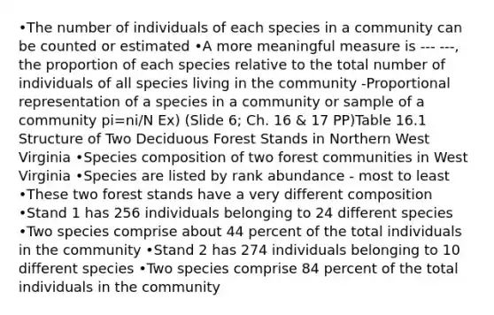 •The number of individuals of each species in a community can be counted or estimated •A more meaningful measure is --- ---, the proportion of each species relative to the total number of individuals of all species living in the community -Proportional representation of a species in a community or sample of a community pi=ni/N Ex) (Slide 6; Ch. 16 & 17 PP)Table 16.1 Structure of Two Deciduous Forest Stands in Northern West Virginia •Species composition of two forest communities in West Virginia •Species are listed by rank abundance - most to least •These two forest stands have a very different composition •Stand 1 has 256 individuals belonging to 24 different species •Two species comprise about 44 percent of the total individuals in the community •Stand 2 has 274 individuals belonging to 10 different species •Two species comprise 84 percent of the total individuals in the community