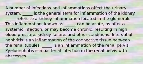 A number of infections and inflammations affect the urinary system. _____ is the general term for inflammation of the kidney. _____ refers to a kidney inflammation located in the glomeruli. This inflammation, known as _____, can be acute, as after a systemic infection, or may become chronic, resulting in high blood pressure, kidney failure, and other conditions. Interstitial nephritis is an inflammation of the connective tissue between the renal tubules. _____ is an inflammation of the renal pelvis. Pyelonephritis is a bacterial infection in the renal pelvis with abscesses.