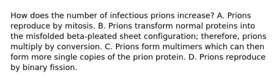 How does the number of infectious prions increase? A. Prions reproduce by mitosis. B. Prions transform normal proteins into the misfolded beta-pleated sheet configuration; therefore, prions multiply by conversion. C. Prions form multimers which can then form more single copies of the prion protein. D. Prions reproduce by binary fission.