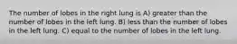 The number of lobes in the right lung is A) greater than the number of lobes in the left lung. B) less than the number of lobes in the left lung. C) equal to the number of lobes in the left lung.