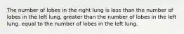 The number of lobes in the right lung is less than the number of lobes in the left lung. greater than the number of lobes in the left lung. equal to the number of lobes in the left lung.