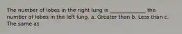 The number of lobes in the right lung is ______________ the number of lobes in the left lung. a. Greater than b. Less than c. The same as