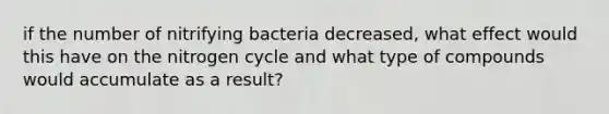 if the number of nitrifying bacteria decreased, what effect would this have on <a href='https://www.questionai.com/knowledge/kbs8ipDdy2-the-nitrogen-cycle' class='anchor-knowledge'>the nitrogen cycle</a> and what type of compounds would accumulate as a result?