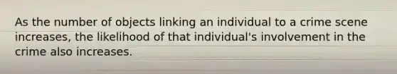 As the number of objects linking an individual to a crime scene increases, the likelihood of that individual's involvement in the crime also increases.