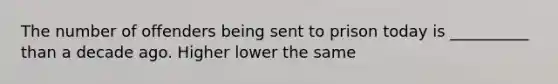 The number of offenders being sent to prison today is __________ than a decade ago. Higher lower the same