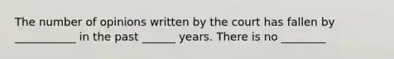 The number of opinions written by the court has fallen by ___________ in the past ______ years. There is no ________