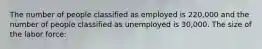 The number of people classified as employed is 220,000 and the number of people classified as unemployed is 30,000. The size of the labor force: