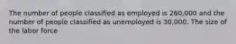 The number of people classified as employed is 260,000 and the number of people classified as unemployed is 30,000. The size of the labor force