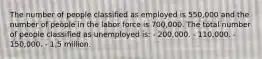 The number of people classified as employed is 550,000 and the number of people in the labor force is 700,000. The total number of people classified as unemployed is: - 200,000. - 110,000. - 150,000. - 1.5 million.