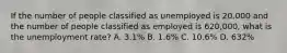 If the number of people classified as unemployed is 20,000 and the number of people classified as employed is 620,000, what is the unemployment rate? A. 3.1% B. 1.6% C. 10.6% D. 632%