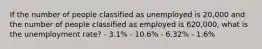 If the number of people classified as unemployed is 20,000 and the number of people classified as employed is 620,000, what is the unemployment rate? - 3.1% - 10.6% - 6.32% - 1.6%