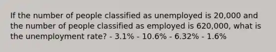 If the number of people classified as unemployed is 20,000 and the number of people classified as employed is 620,000, what is the unemployment rate? - 3.1% - 10.6% - 6.32% - 1.6%