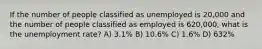 If the number of people classified as unemployed is 20,000 and the number of people classified as employed is 620,000, what is the unemployment rate? A) 3.1% B) 10.6% C) 1.6% D) 632%